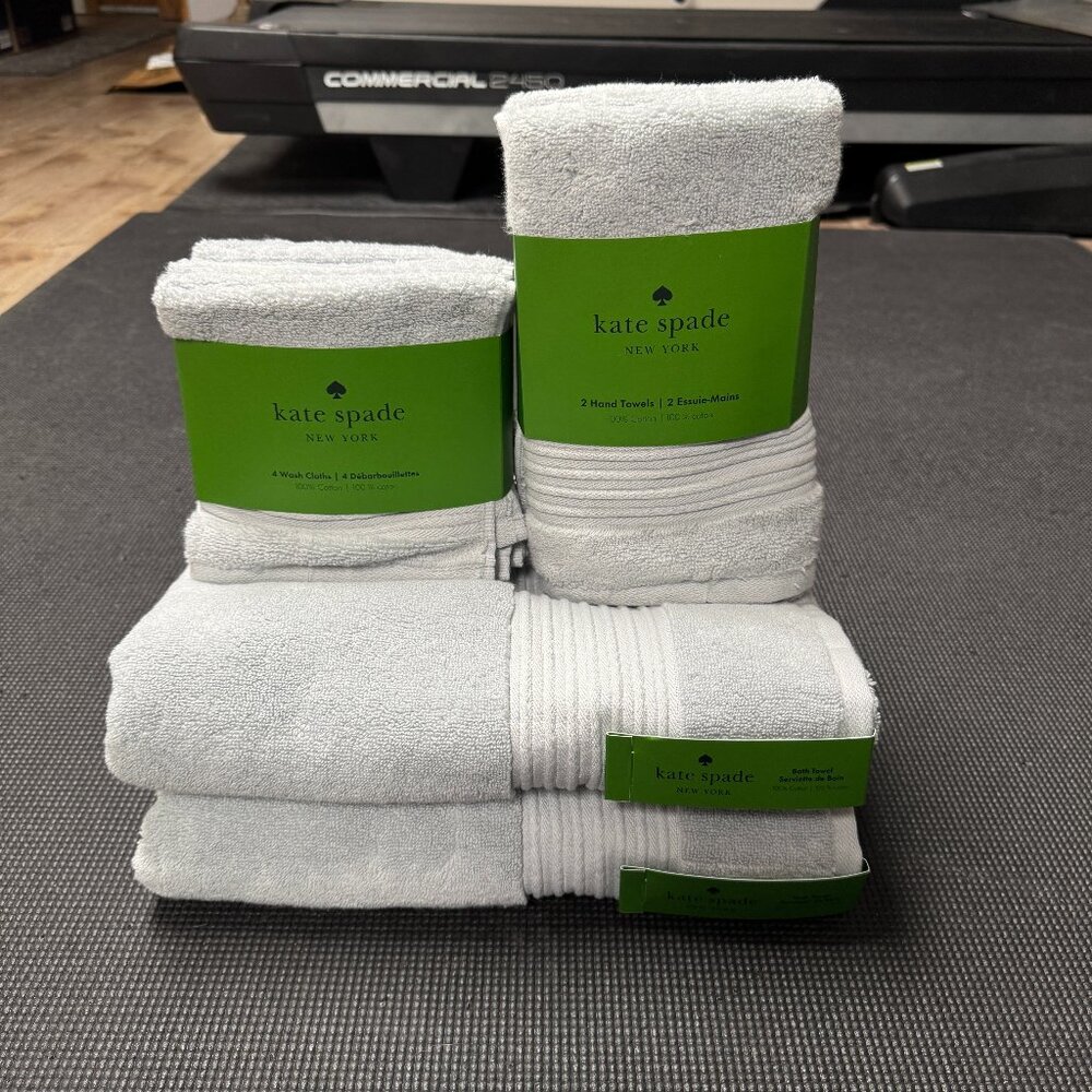 8 Pc Kate Spade Platinum Gray Silver Bath Towel Set Striped Bath Hand Washcloths
